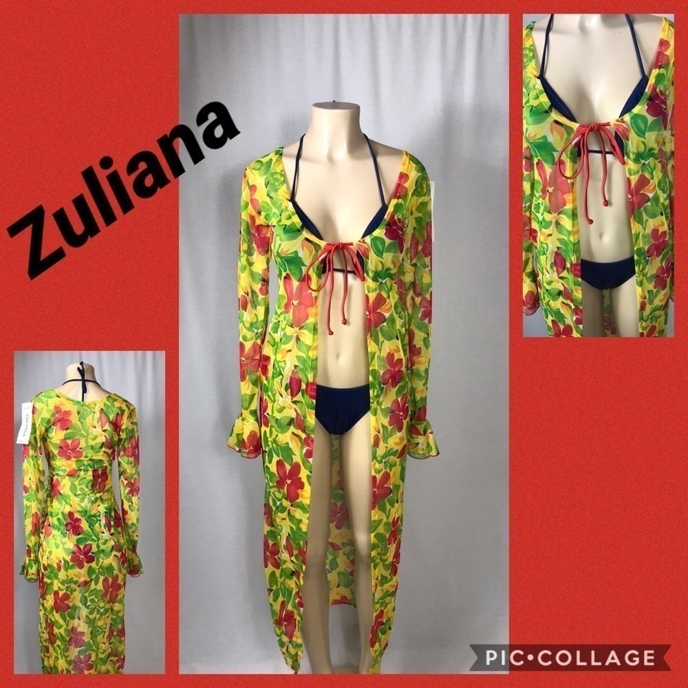 Zuliana Bright Floral Long Ruffle Sleeve Mesh Cover Up Made in USA.New With Tags